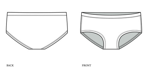 Seamless Boybrief Undie technical fashion illustration. brief fashion flat technical drawing template. Elasticated waistband, women's Underwear. front, and back view. white. CAD mockup set - obrazy, fototapety, plakaty