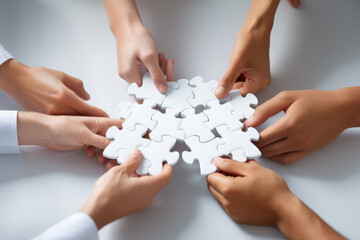 Obraz na płótnie Canvas Business hands, puzzle and group of people for solution, teamwork and goals, integration and success. Team building, synergy and collaboration