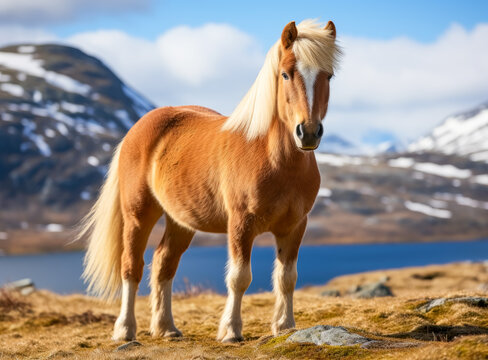 Fjord horse standing on brown grass with snow mountains behind.