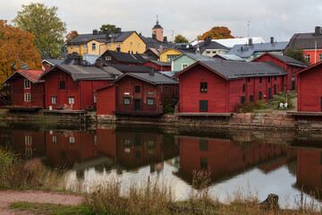 Fototapeta premium Porvoo, Finland. Old wooden red houses in old town of Porvoo