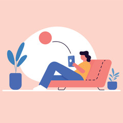 Remote working person at home, sitting on a sofa with laptop, soft colours, vector illustration