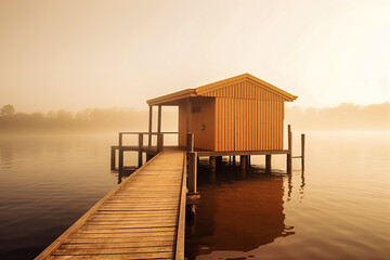 Golden Serenity: A Wooden Boathouse on a Calm Lake Amidst Foggy Trees, ai generative