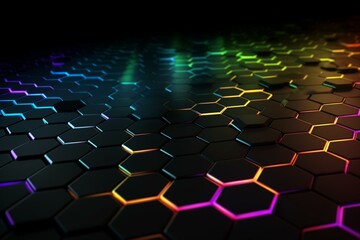 Modern tech background featuring hexagon with rainbow trim, embossed on black surface. Stylish 3D render. Generative AI - obrazy, fototapety, plakaty