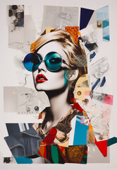 Pop collage Illustration of a beautiful female fashion model with sunglasses over colorful and vibrant patterns and shapes, Fashion, pop art