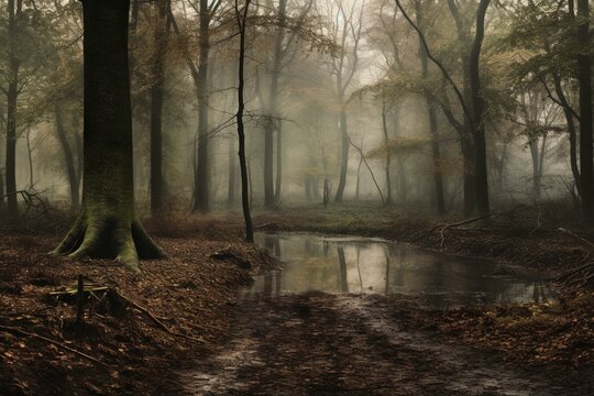 A detailed image of a foggy woodland panorama. Generative AI