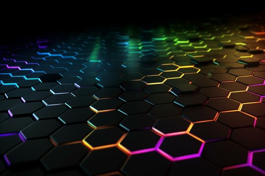 Modern Tech Background Featuring Hexagon With Rainbow Trim, Embossed On Black Surface. Stylish 3D Render. Generative AI