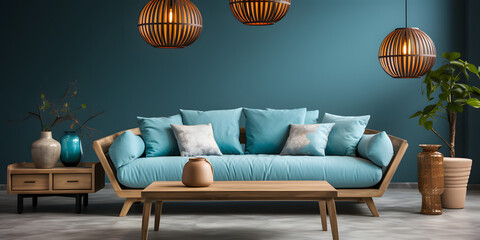 home interior design of modern living room. Wooden sofa with blue pillows and round coffee table near teal wall.