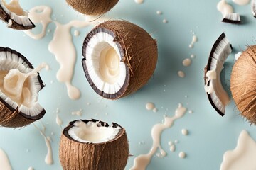 Cracked coconut with splashes of milk - obrazy, fototapety, plakaty