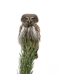 Eurasian pygmy owl on the top of bruce tree isolated on white background