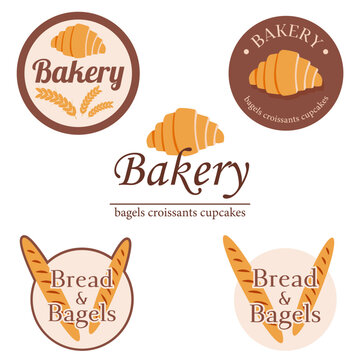 Set of bakery signboards or stickers in warm brown and beige hues. Bread and bagels signs. Stickers with croissants and baguettes