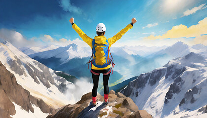 Naklejka na ściany i meble Achieving your dreams illustration, mountain climber celebrating success on top of mountain. Generative AI