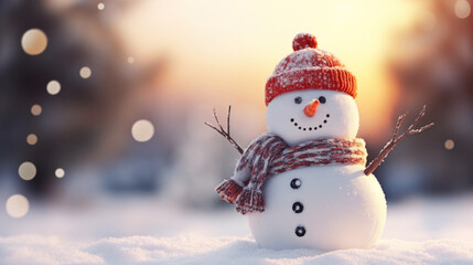 Happy, cute snowman. Merry Christmas and happy new year. Winter landscape