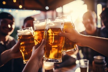 Cheers with Friends: Group Enjoying Beer Together - obrazy, fototapety, plakaty