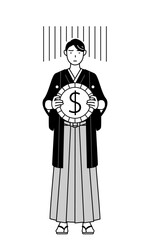 為替差損やドル安のイメージ、紋付袴姿の男性