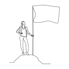 Continuous single line sketch drawing of business woman holding flag show success victory work goal. Vector illustration one line of business achievement