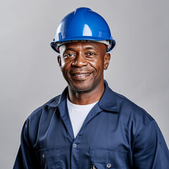 The Black African worker, dressed in blue blouse and white construction helmet, stands as a symbol professionalism and dedication on the job site.Their work outfit,complete with the distinctive helmet