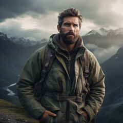 Obraz premium The mountain hiker, clad in durable gear and backpack filled with essentials, stands at the base towering peak, their gaze fixed on the summit.This intrepid individual embodies the spirit of adventure