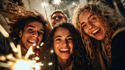 Obraz na płótnie Canvas Group of happy smiling friends taking selfie celebrating new year. 