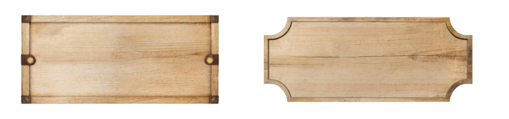 Naklejka premium Set of empty wooden planks, boards, billboards, plaques, signposts, and placards, isolated on a transparent background. PNG, cutout, or clipping path.