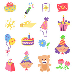Obraz premium A collection of various festive elements for a birthday party. A set of simple and cute design items. Vector hand-drawn illustration. All elements are isolated. Portraits of birthday people