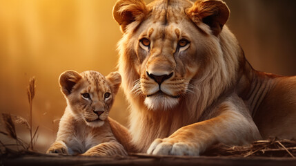 Obraz premium The male lion, a majestic and imposing figure, stands alongside a lion cub, exemplifying the contrasts of the animal kingdom. The elder lion exudes strength and wisdom, his mane flowing like a crown.
