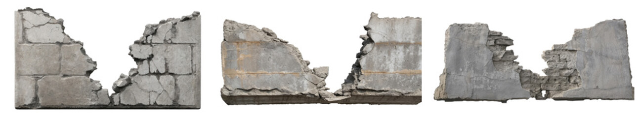 Set of ruined, collapsed, cracked, broken, or weathered concrete cement walls, isolated on a transparent background. PNG, cutout, or clipping path. - obrazy, fototapety, plakaty