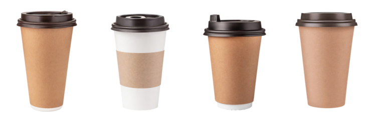 Set of empty, blank paper coffee cups for mockups and design, isolated on a transparent background with a PNG cutout or clipping path.