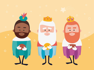 Fototapeta premium Three funny wise men. Kings of orient on yellow background. Christmas vectors.
