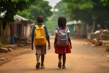 Tuinposter Deux enfants africains sur la route de l'école © Issaka