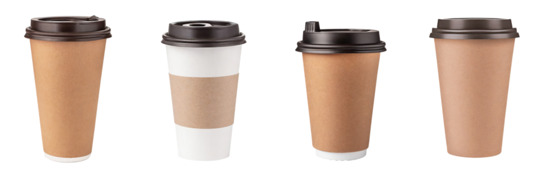 Set of empty, blank paper coffee cups for mockups and design, isolated on a transparent background with a PNG cutout or clipping path.