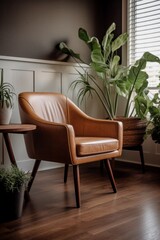 modern interior with brown leather armchair and green plant, home interior design of modern living room