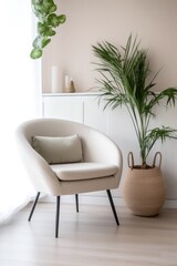 Obraz na płótnie Canvas stylish home decor, modern living room interior with comfortable armchair and green plants