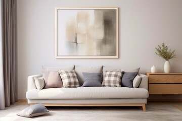 white sofa with pillows and against white wall with abstract art poster, modern living room interior design
