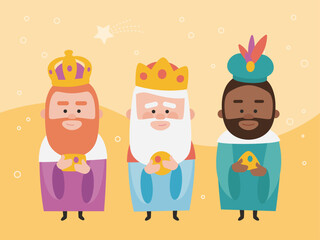 Three funny wise men. Kings of orient on yellow background. Christmas vectors.