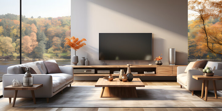 minimalist home interior design of modern living room. Grey sofa near floor to ceiling window against tv unit