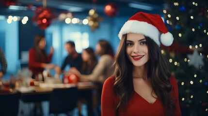 A sweet smiling woman in a Santa hat at a New Year's corporate party in the office.