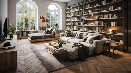 Fototapete Scandinavian studio apartment. Modest home interior design of modern living room  © Samira