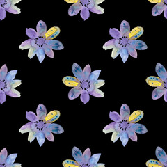 Seamless pattern of watercolor purple, yellow flowers. Hand drawn illustration. Botanical hand painted floral elements on black background.