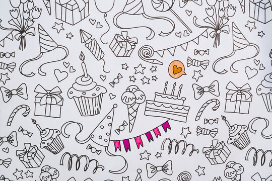 Arri&egrave;re-plan avec motifs festifs - Coloriage anniversaire noir et blanc