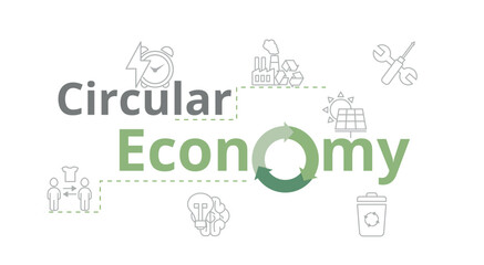 Circular Economy, sustainable strategy, environmental friendly. Banner. Vector illustration in green and grey