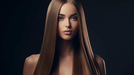 Naklejka premium Lustrous Allure: Model Woman Boasts Silky Straight Locks, Testament to Keratin Excellence & Spa Nurturing. Epitome of Smooth Hairstyle Perfection.