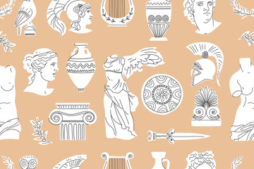 Seamless pattern with ancient Greek sculptures, architectural details, weapons and more. Antique minimalist white elements on a beige background. Head of Venus, David, Apollo, Theseus, amphora, etc.  © Oksana_Skryp
