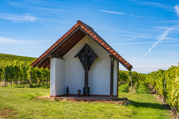 Covered cross in the vineyards at Laurenziberg/Germany on a sunny autumn day