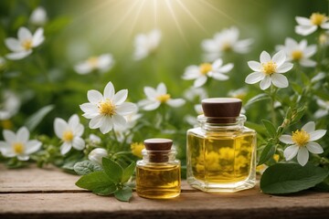 Kleine Fläschchen gefüllt mit Ölen zur Naturkosmetik und Wellness umrahmt von Blumen und Sonnenschein.