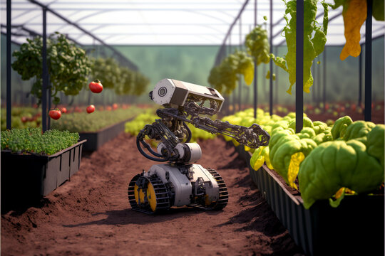 Robot farmer grows plants in the laboratory. Modern agriculture. Modern laboratory for Agro production.