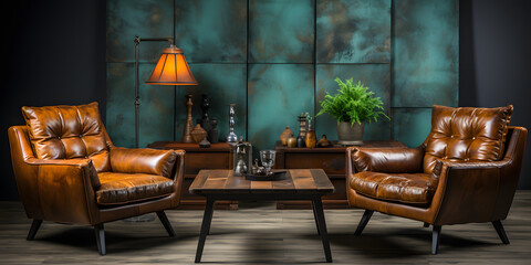 Shabby leather brown sofa and two retro chairs. Art deco style interior design of modern living room