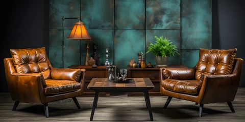 Fotobehang Shabby leather brown sofa and two retro chairs. Art deco style interior design of modern living room © Samira