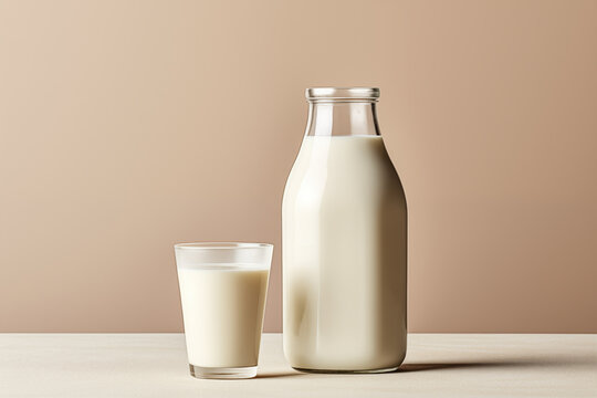 A glass of milk and a bottle of milk on a solid-colored background