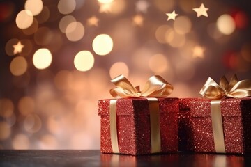 Christmas gift box  against golden lights and bokeh background
