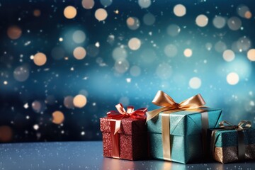 Christmas gift box  against golden lights and bokeh background